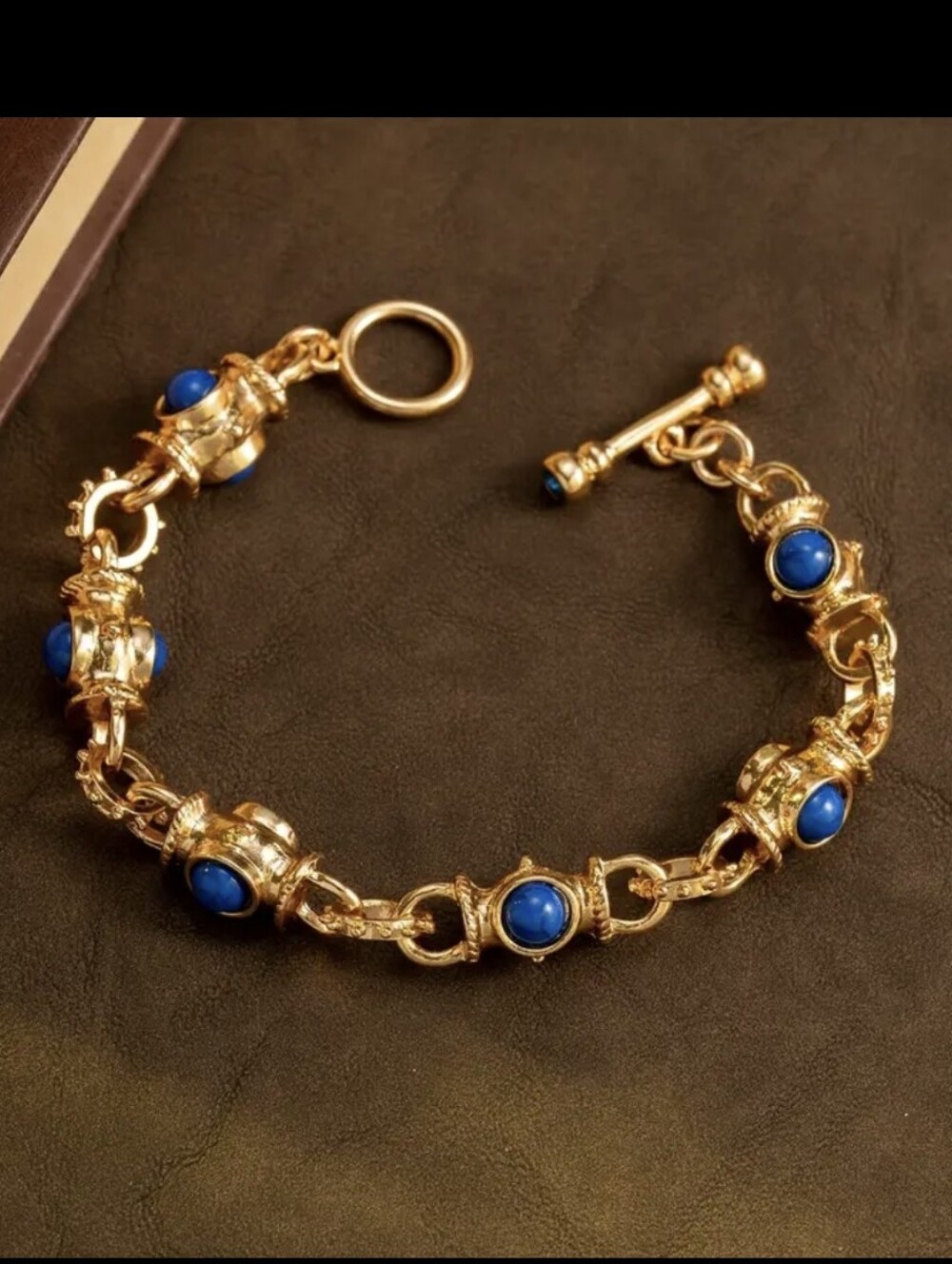 Gold Plated Matte Darkn!Blue Byzantine Toggle Bracelet